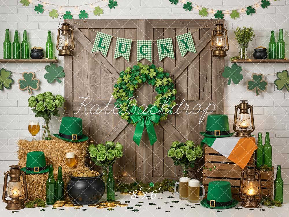 Kate St. Patrick's Day Shamrock Wreath Door Lanterns Green Hats Printed Backdrop Designed by Emetselch
