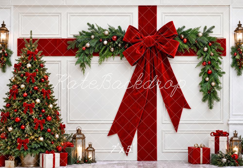 Kate Christmas Tree Red Bow Garland White Wall Gift Printed Backdrop Designed by Patty Roberts