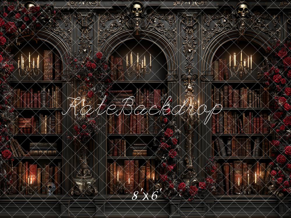 Kate Halloween Gothic Bookshelves Red Roses Candles Backdrop Designed by Ashley Paul