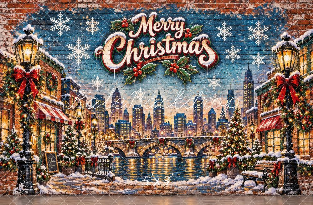 Kate Christmas Snowy Cityscape Bridge Graffiti Printed Backdrop Designed by Laura Bybee