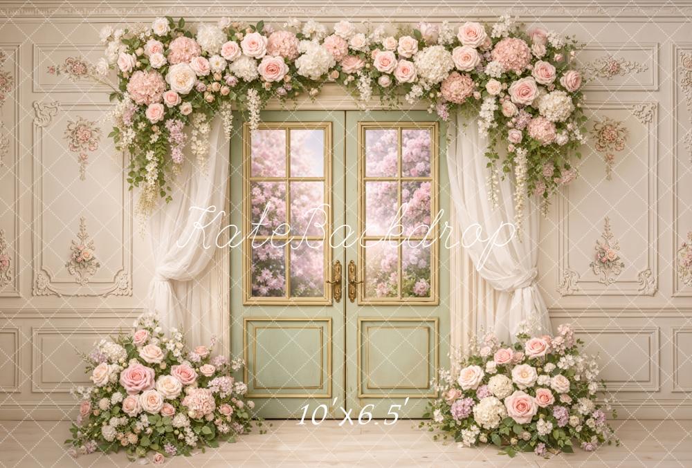 Kate Spring Flower Arch French Door Floral Wall Backdrop Designed by Chain Photography