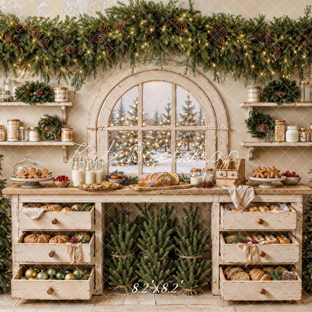 Kate Christmas Rustic Kitchen Bakery Garland Arched Window Printed Backdrop Designed by Emetselch
