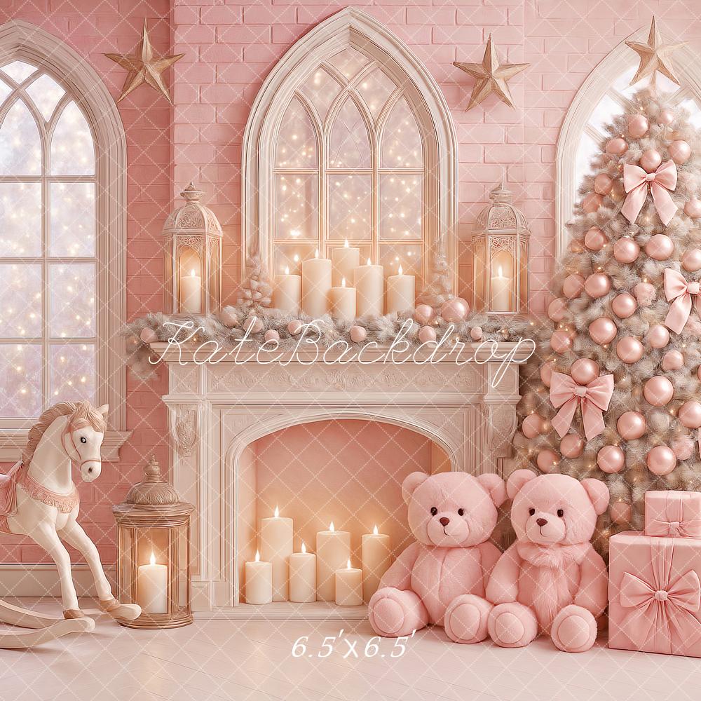 Kate Christmas Tree Fireplace Teddy Bear Pink Backdrop Designed by Ashley Paul