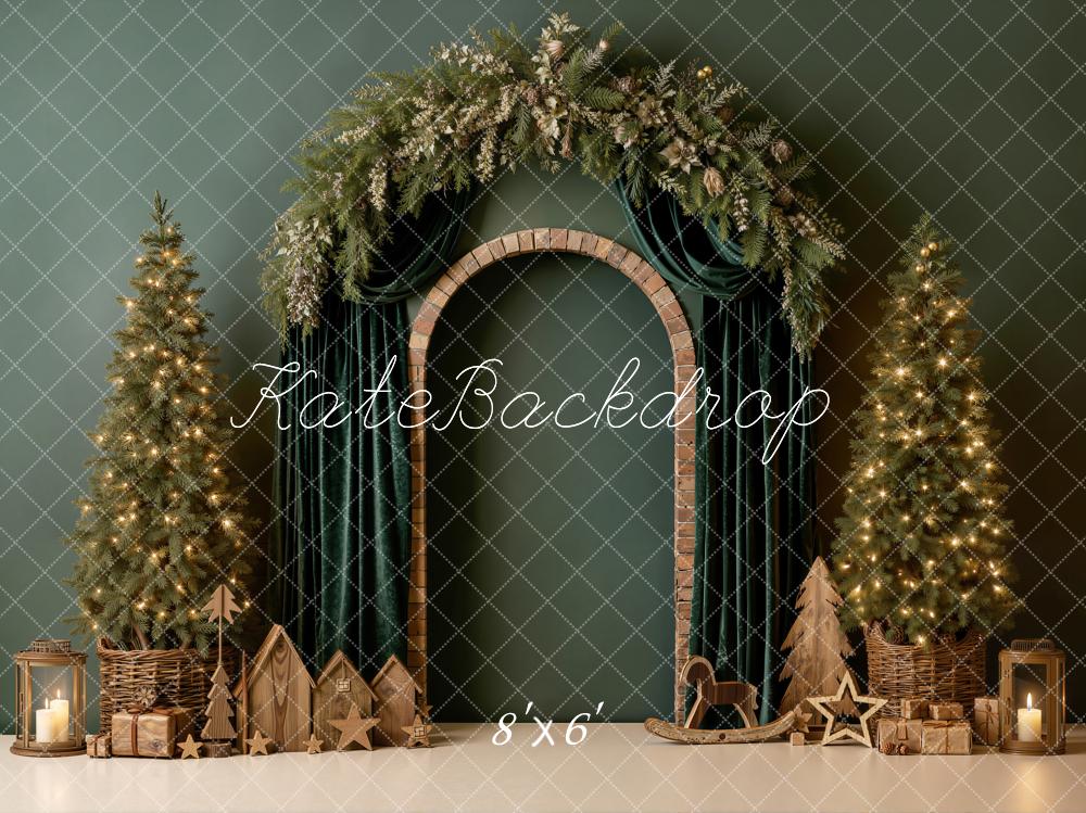 Kate Christmas Trees Green Curtains Arch Gifts Wood Printed Backdrop Designed by Emetselch