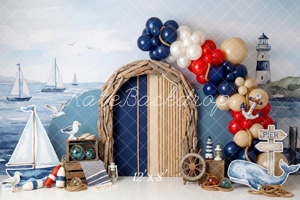 Kate Cake Smash Nautical Sailboats Lighthouse Driftwood Arch Balloons Printed Backdrop Designed by Patty Roberts
