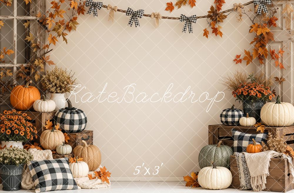 Kate Fall Beige Pumpkin Rustic Plaid Garland Printed Backdrop Designed by Shutter Swan Studios