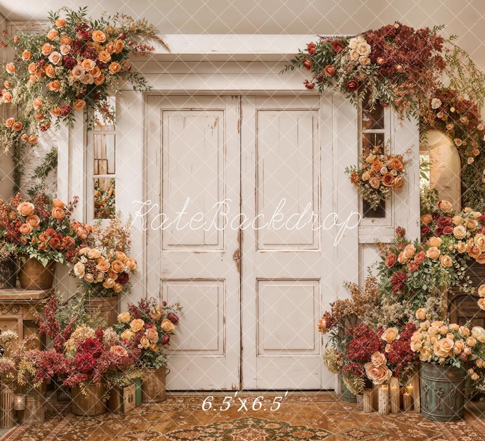 Kate Spring Flower Arch Vintage White Doors Peach and Red Roses Backdrop Designed by Emetselch