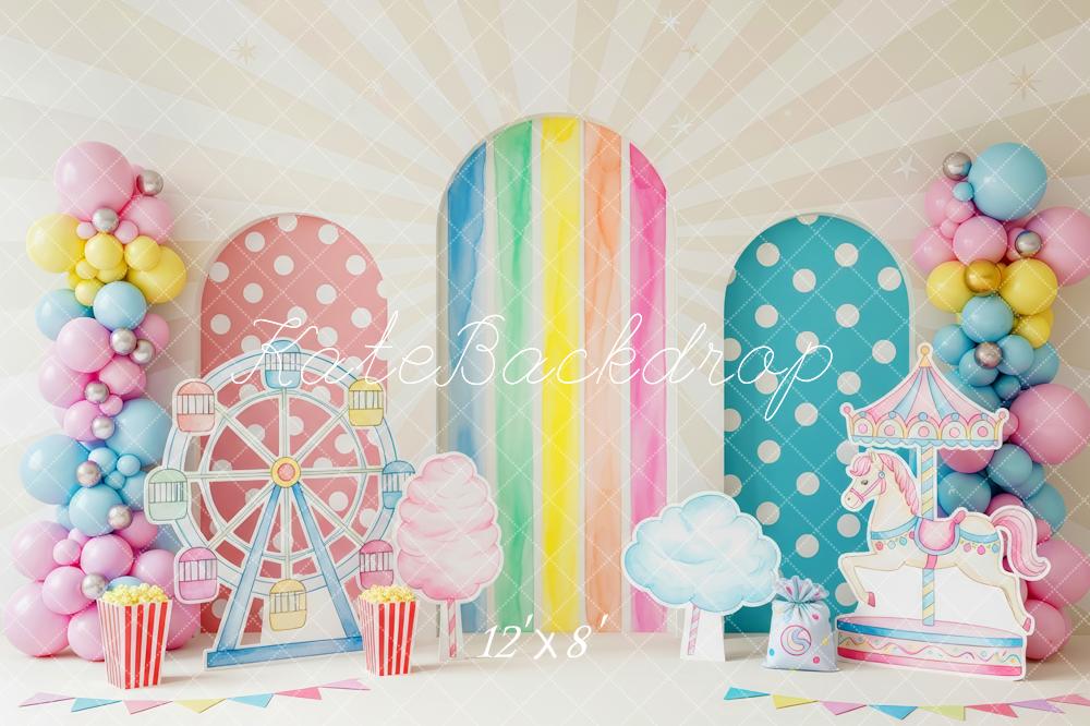 Kate Cake Smash Carnival Ferris Wheel Carousel Rainbow Balloons Backdrop Designed by Patty Roberts