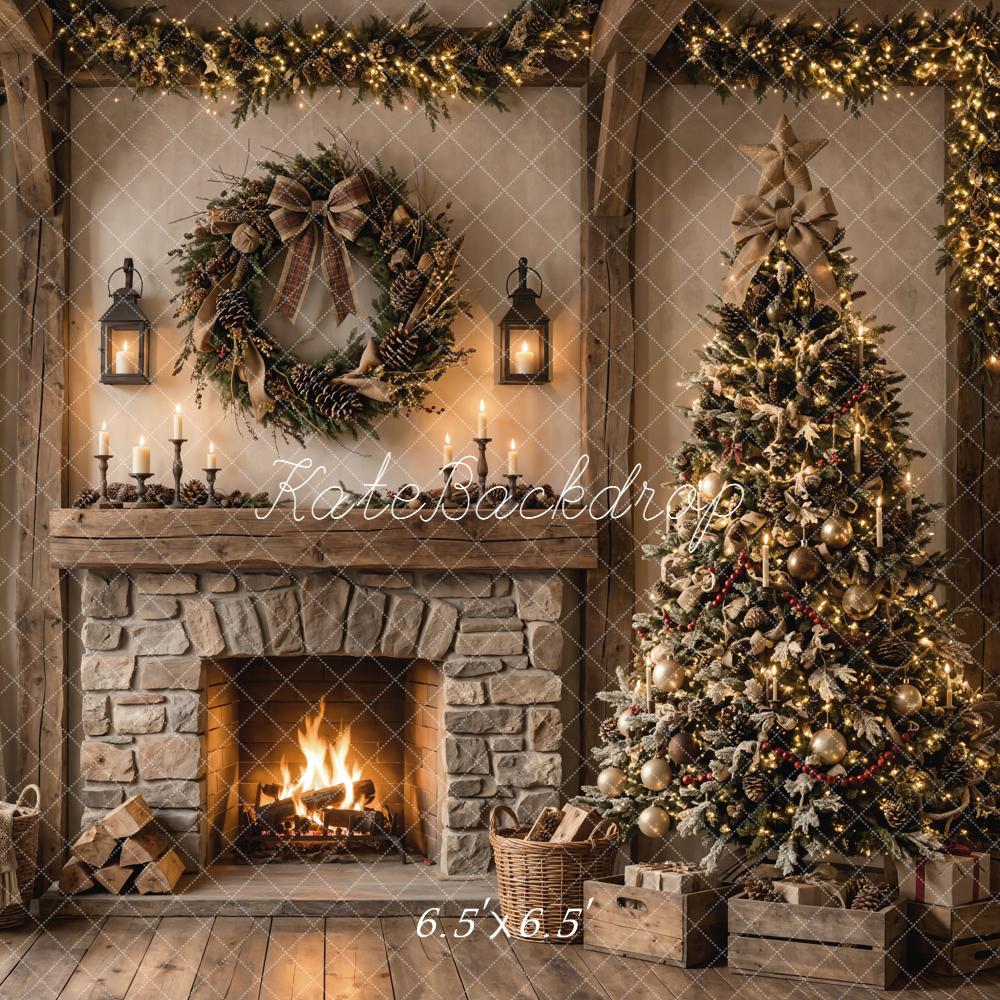 Kate Christmas Rustic Stone Fireplace Tree Window Printed Backdrop Designed by Emetselch