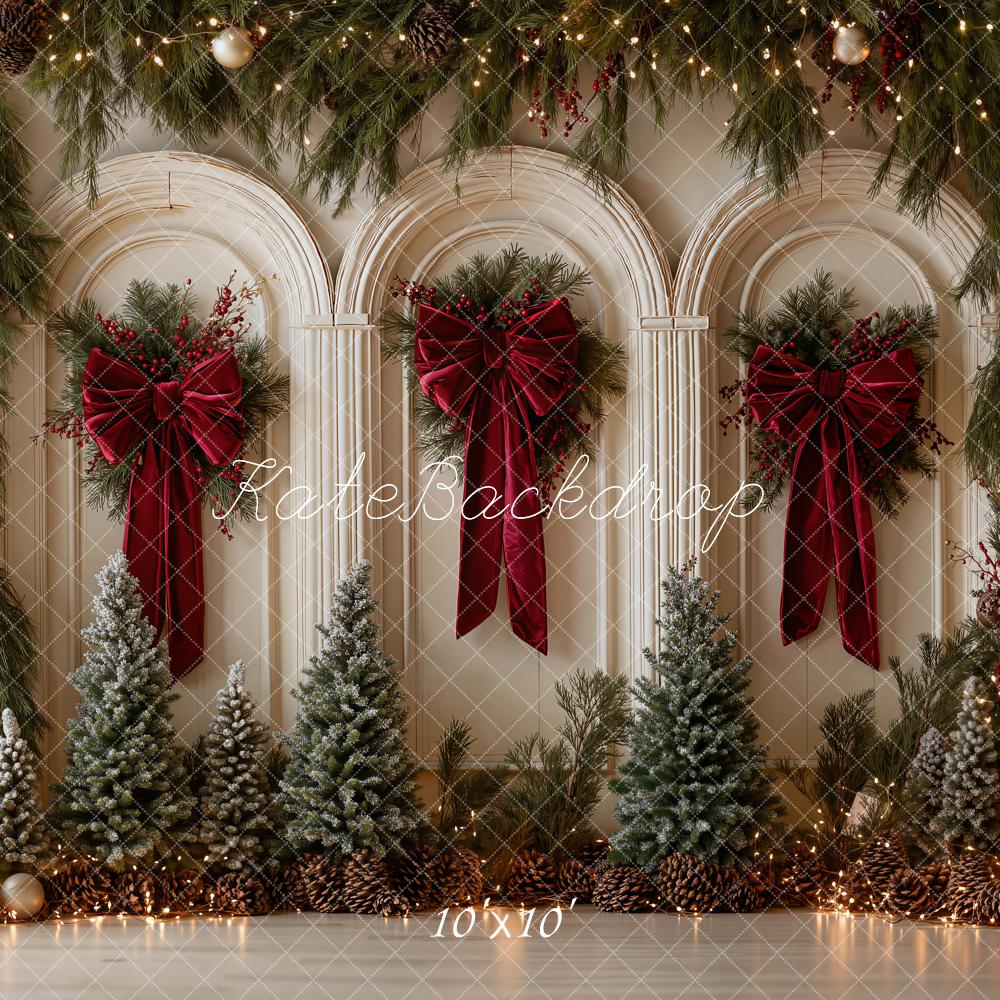 Kate Christmas Arched Wall Pine Trees Red Bows Printed Backdrop Designed by Emetselch
