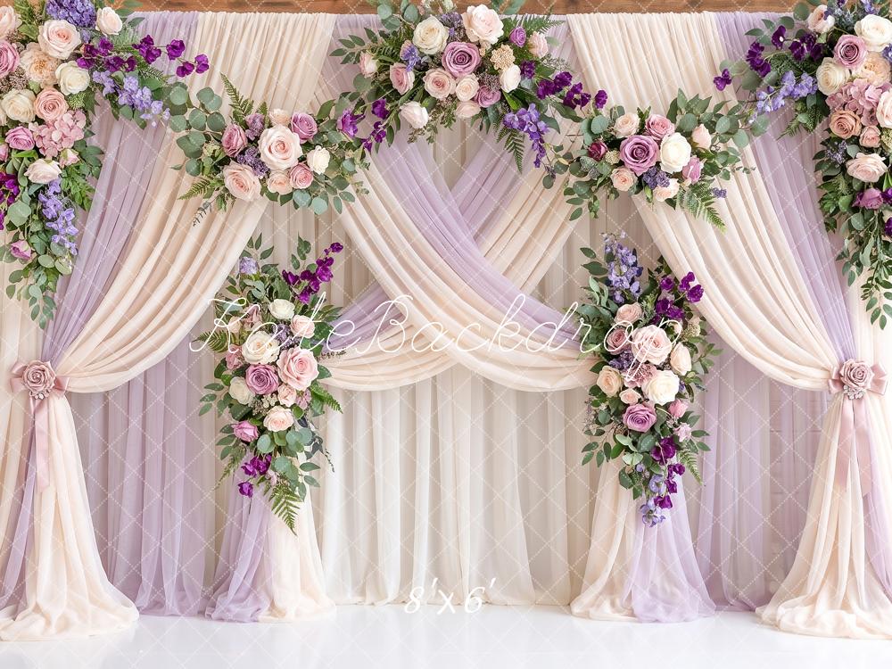 Kate Romantic Wedding Flower Arch Drapery Purple Printed Backdrop Printed Backdrop Designed by Angela Miller