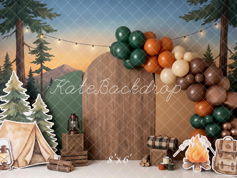 Kate Cake Smash Camping Tent Forest Campfire Balloons Printed Backdrop Designed by Patty Roberts
