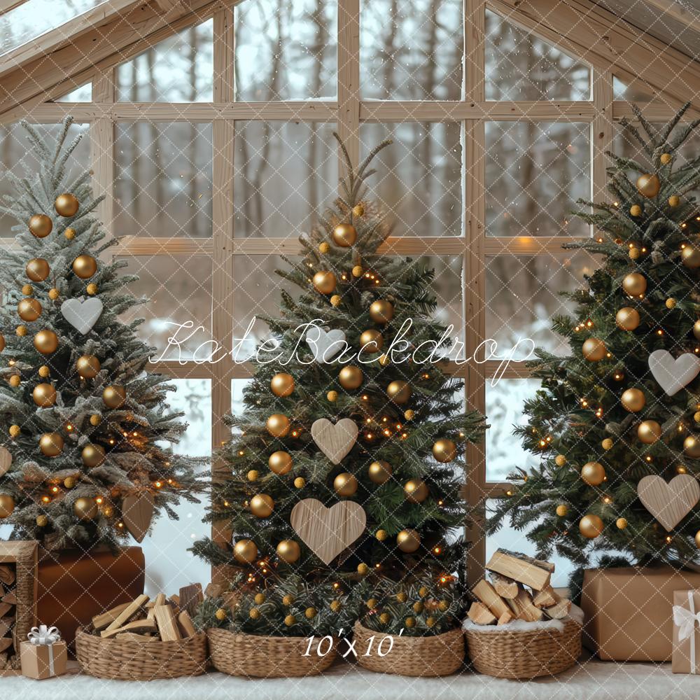 Kate Christmas Winter Rustic Greenhouse Ornament Trees Window Backdrop Designed by Mini MakeBelieve