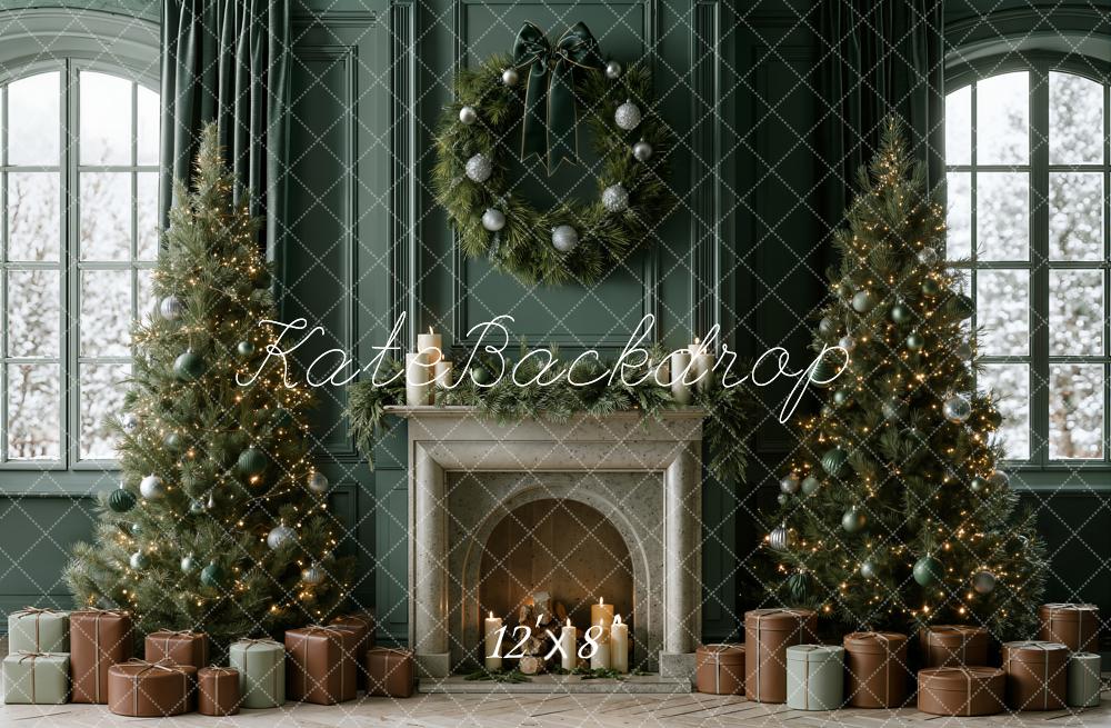 Kate Christmas Green Fireplace Wreath Christmas Trees Gifts Window Printed Backdrop Designed by Emetselch