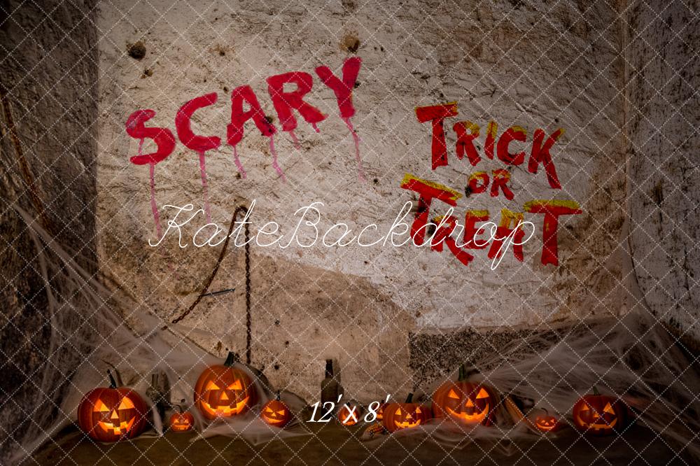 Kate Halloween Spooky Graffiti Wall Pumpkins Jack O Lantern Printed Backdrop Designed by Fantasyphotoart