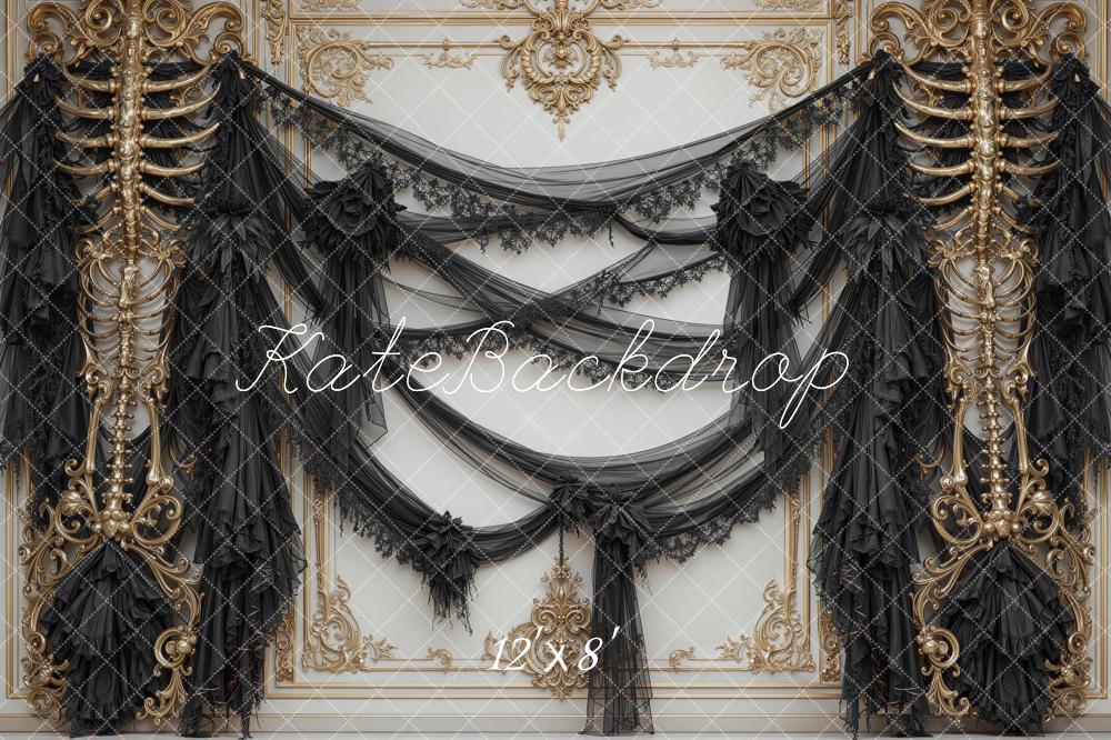 Kate Halloween Black Gothic Drapery Bone Wall Printed Backdrop Designed by Mini MakeBelieve
