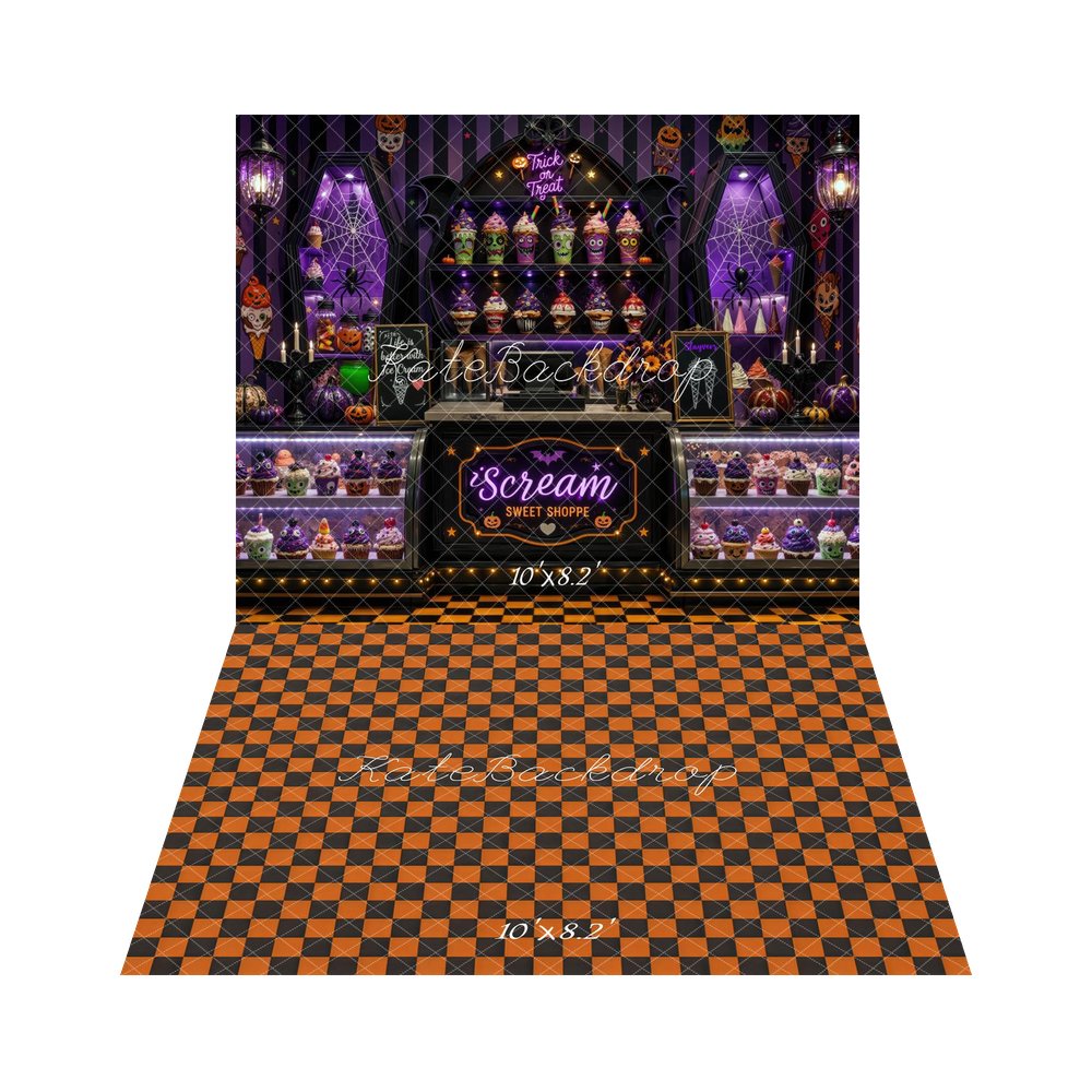 Kate Halloween Candy Shop Cupcake Display Printed Backdrop+Orange Black Argyle Checkerboard Pattern Printed Floor Backdrop