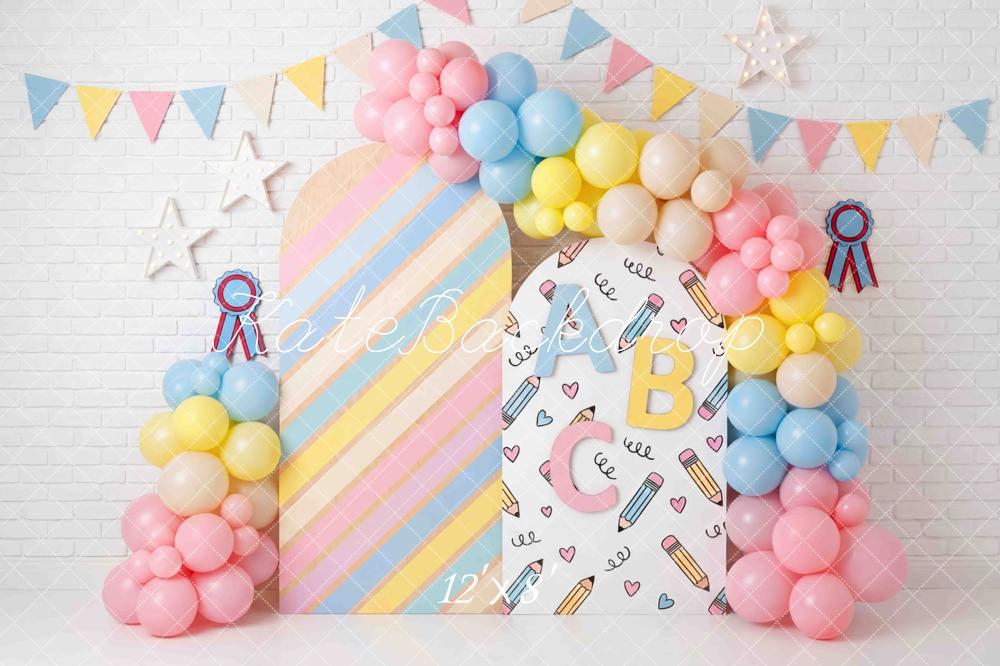 Kate Back to School ABC Balloons Pastel Stripes Printed Backdrop Designed by Mini MakeBelieve