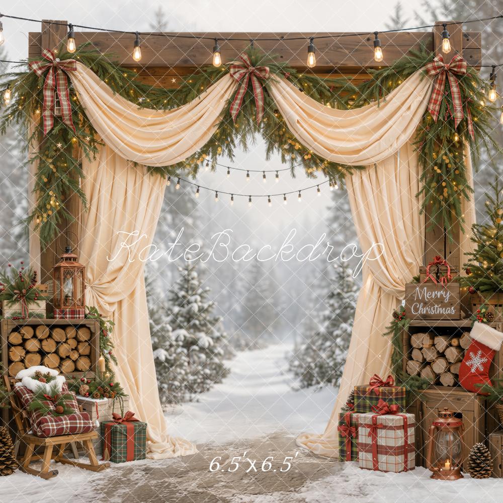 Kate Christmas Outdoor Cream Curtains Arch Pine Trees Plaid Gifts Wood Printed Backdrop Designed by Emetselch