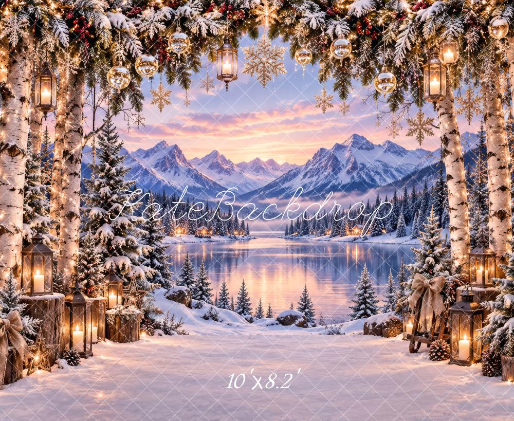 Kate Christmas Snowy Trees Mountain Lake Lanterns Printed Backdrop Designed by Laura Bybee