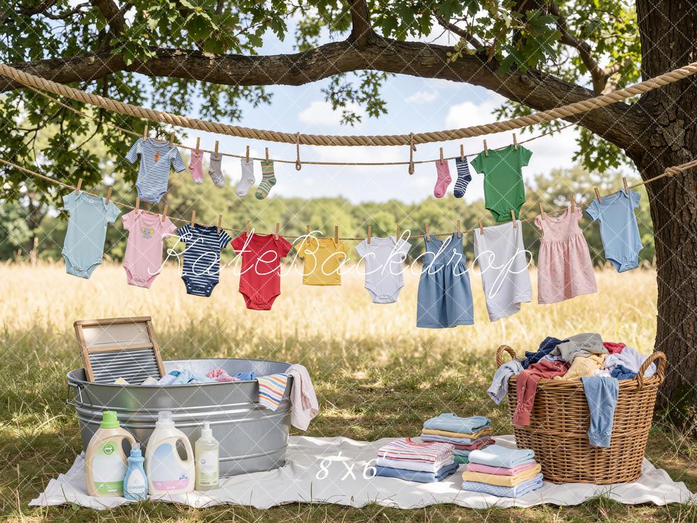 Kate Outdoor Clothesline Baby Laundry Picnic Scene Printed Backdrop Designed by Emetselch