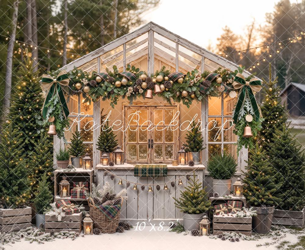 Kate Christmas Vintage Greenhouse Garland Pine Trees Printed Backdrop Designed by Emetselch