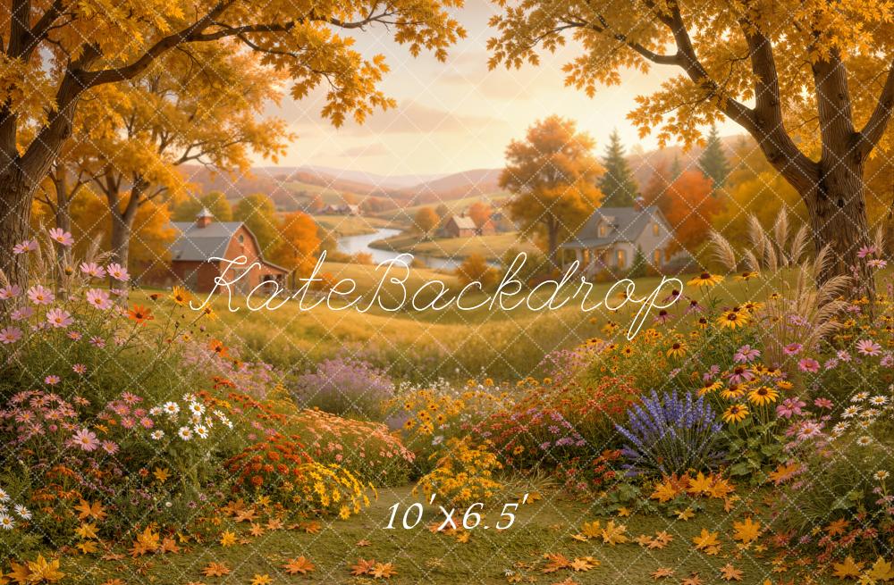 Kate Fall Countryside Golden Village Flower Meadow Printed Backdrop Designed by Emetselch