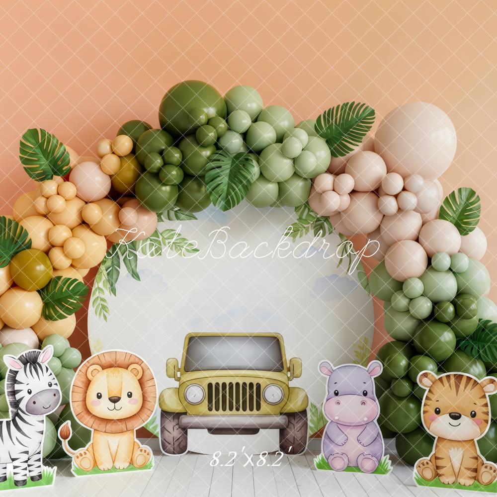 Kate Cake Smash Jungle Balloon Arch Jeep Safari Animals Printed Backdrop Designed by Patty Roberts