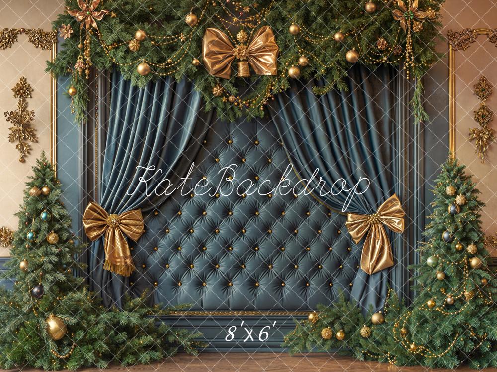 Kate Christmas Headboard Blue Tufted Wall Gold Bows Trees Backdrop Designed by Emetselch