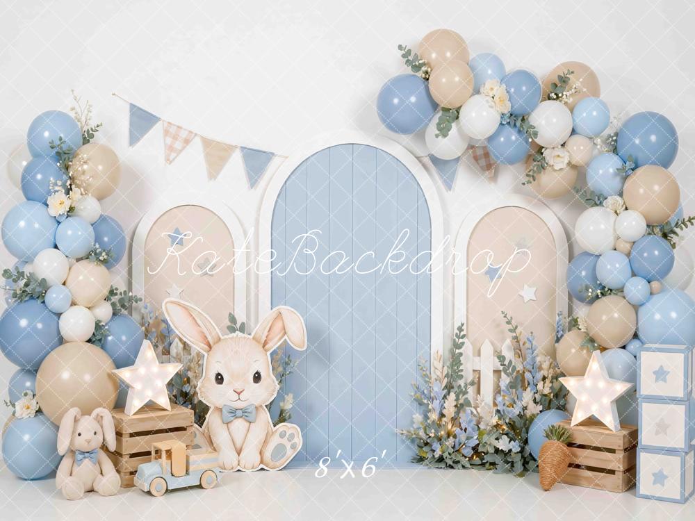 Kate Cake Smash Bunny Blue Beige Balloon Arch Printed Backdrop Designed by Mini MakeBelieve