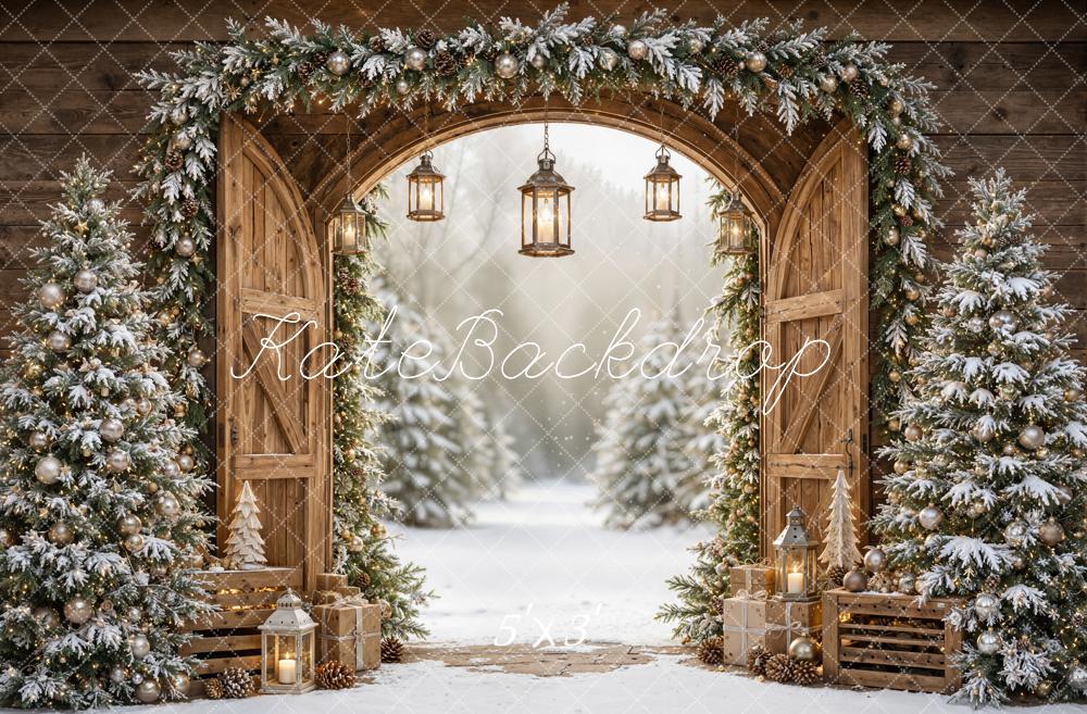 Kate Christmas Rustic Barn Door Snowy Pine Trees Printed Backdrop Designed by Emetselch