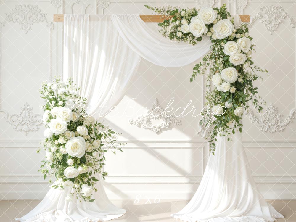 Kate Spring Wedding Flower Arch White Drapes Backdrop Designed by Emetselch