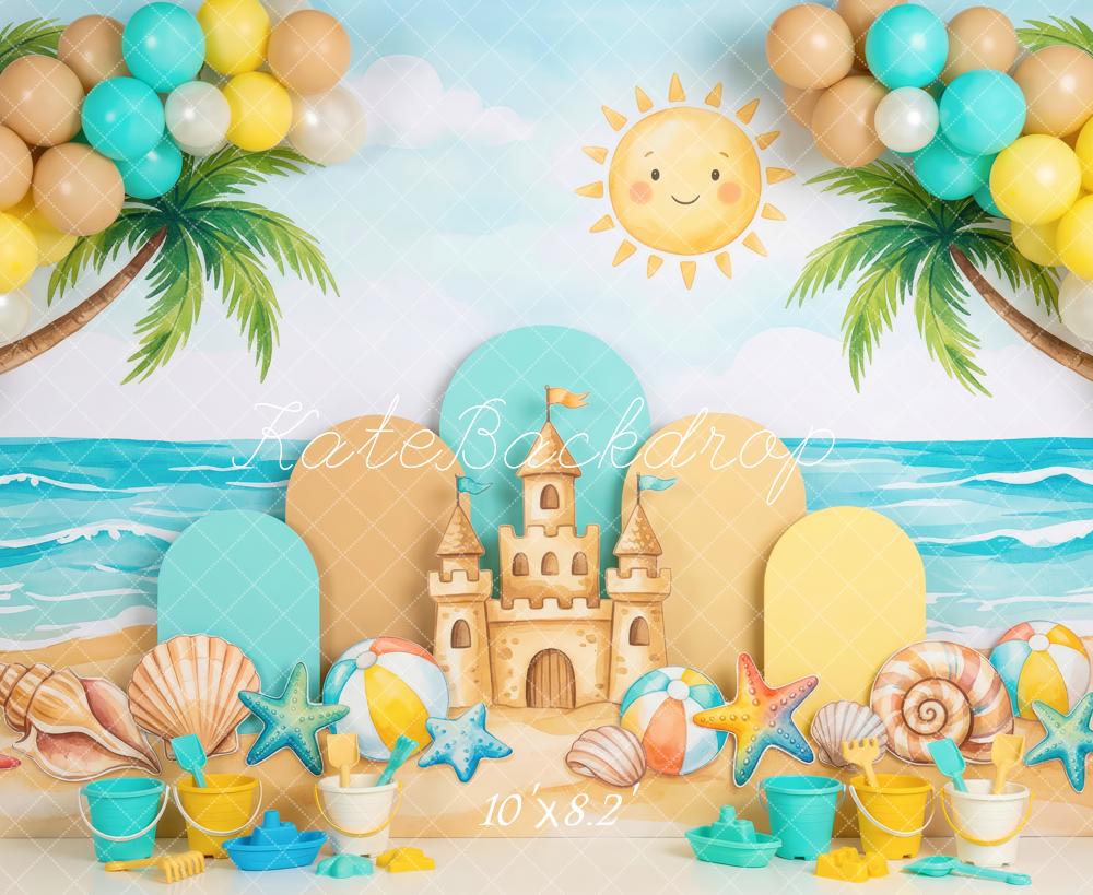 Kate Summer Beach Sandcastle Palm Trees Shells Balloons Printed Backdrop Designed by Patty Roberts