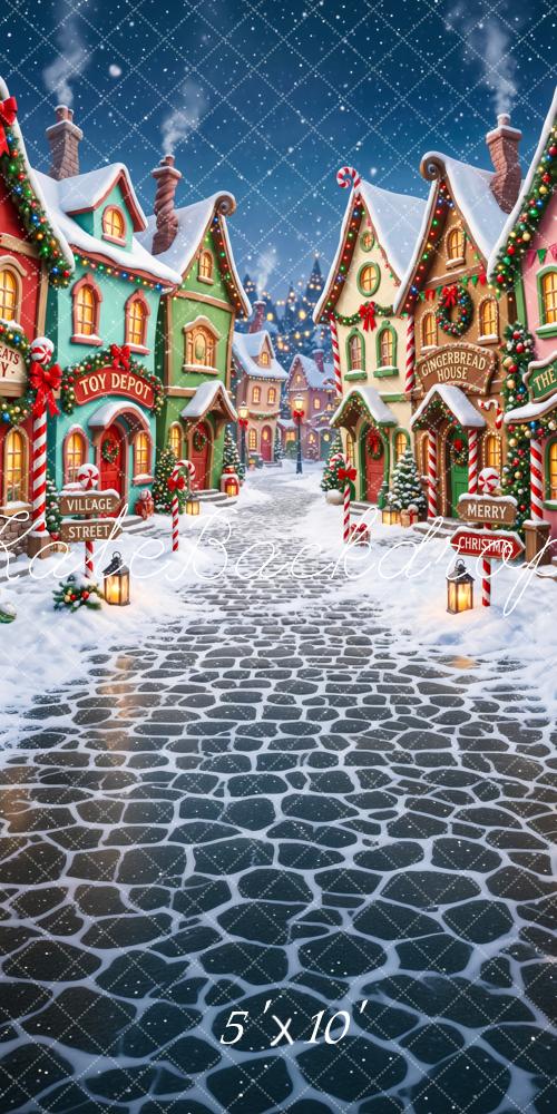 Kate Sweep Christmas Whimsical Snow Village Cobblestone Street Printed Backdrop Designed by Patty Roberts
