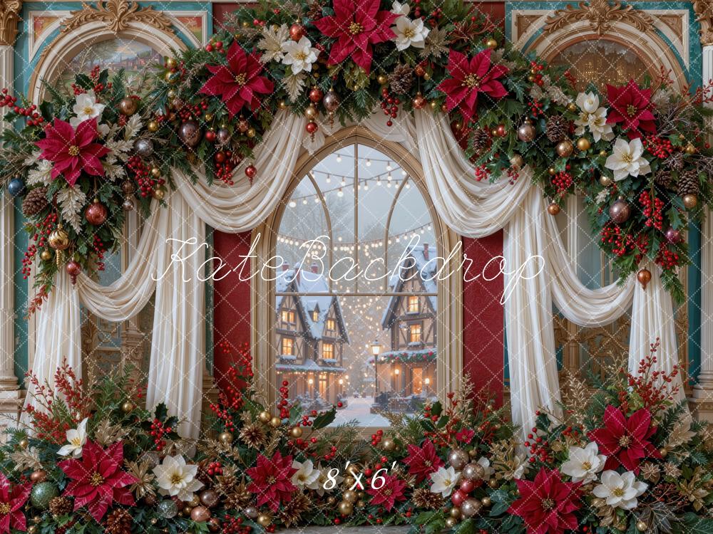 Kate Christmas Poinsettia Garland Ornate Drapes Window Printed Backdrop Designed by Mini MakeBelieve