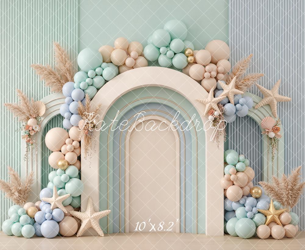 Kate Summer Cake Smash Arch Balloons Starfish Pampas Grass Pastel Printed Backdrop Designed by Emetselch