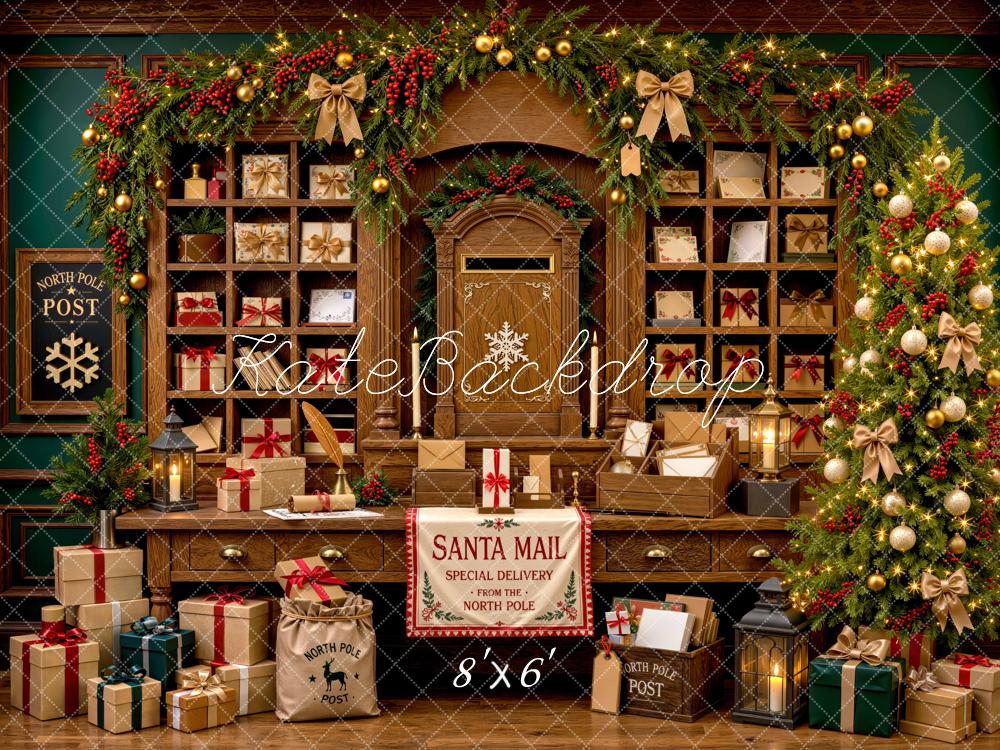 Kate Christmas Post Office Gifts Tree Shelves Printed Backdrop Designed by Mini MakeBelieve