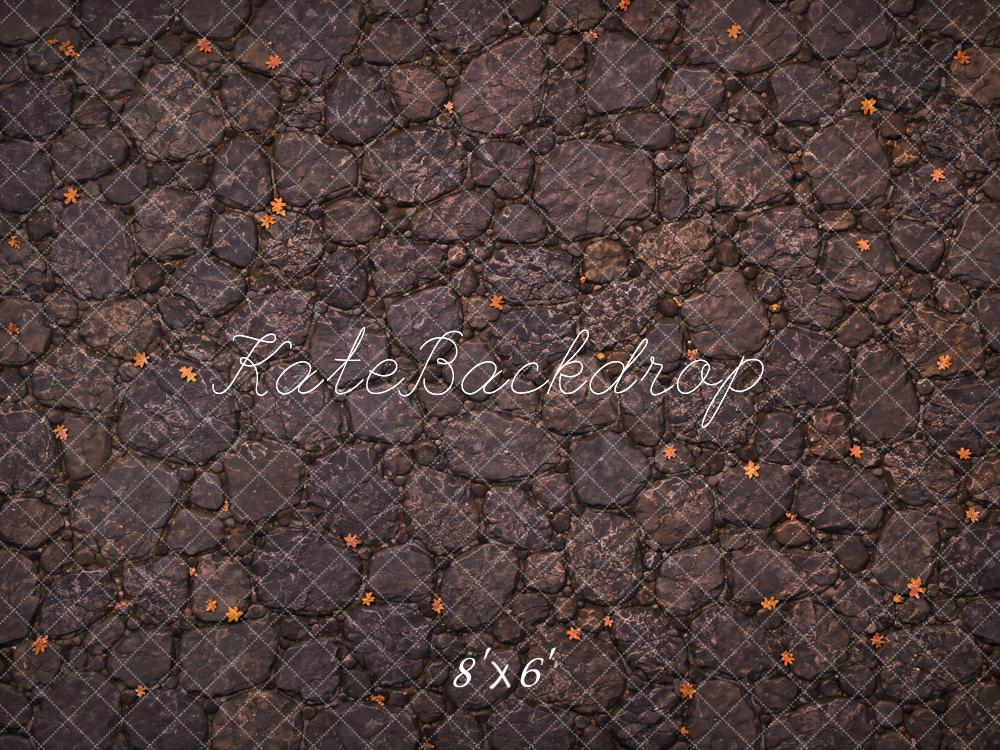 Kate Fall Dark Gray Cobblestone Fallen Leaves Floor Printed Backdrop Designed by Kate Image
