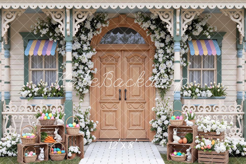 Kate Easter Bunny Eggs Floral Porch Printed Backdrop Designed by Mini MakeBelieve
