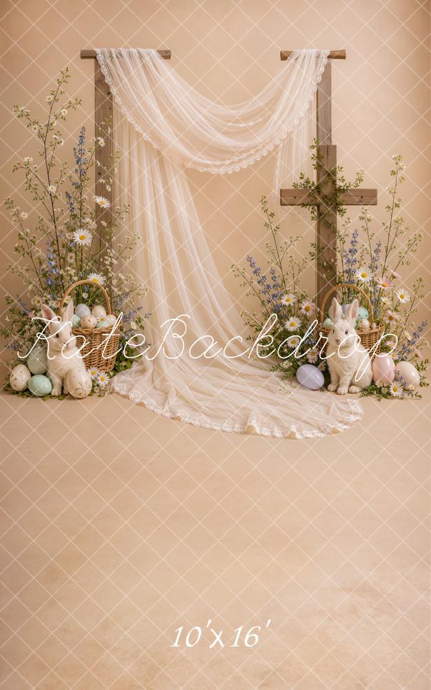 Kate Sweep Easter Cross Drapery Bunny Beige Floral Printed Backdrop Designed by Emetselch