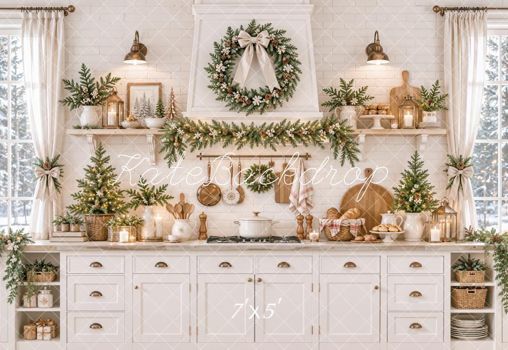 Kate Christmas White Kitchen Cabinet Wreath Garland Printed Backdrop Designed by Emetselch