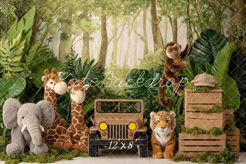 Kate Jungle Safari Jeep Giraffe Elephant Tiger Monkey Printed Backdrop Designed by Emetselch