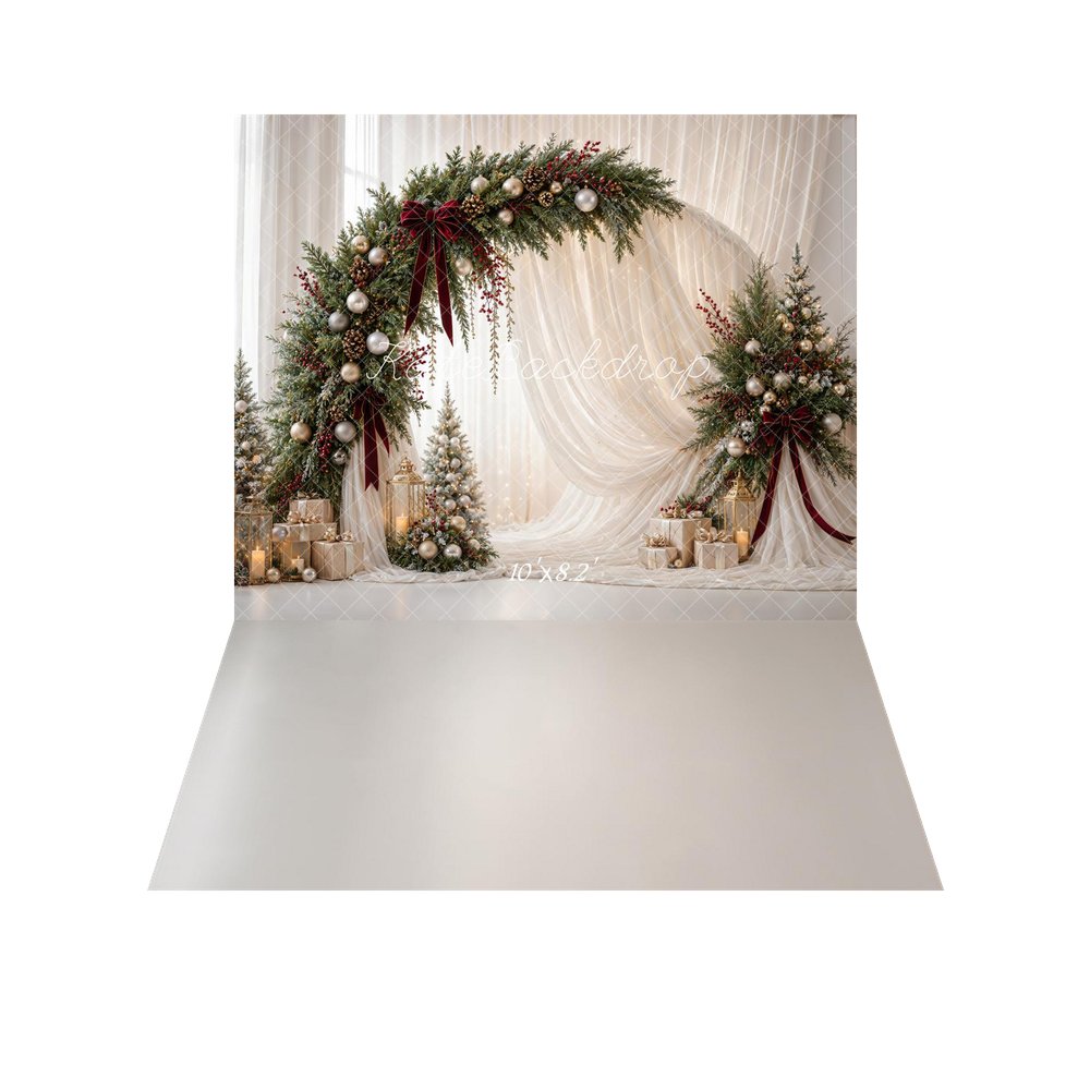 Kate Christmas Circle Flower Arch White Drapes Gold Ornaments Gifts Printed Backdrop+White Floor Printed Backdrop