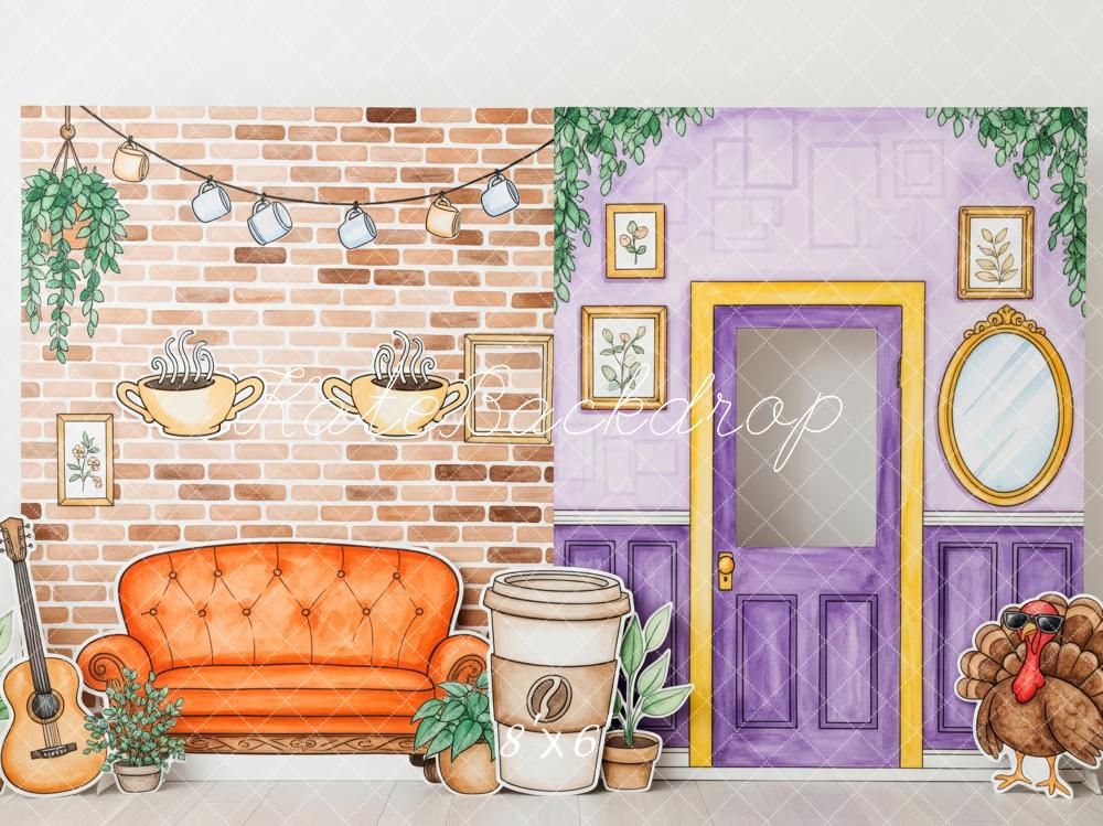 Kate Cozy Coffee Living Room Brick Wall Purple Door Couch Turkey Backdrop Designed by Patty Roberts