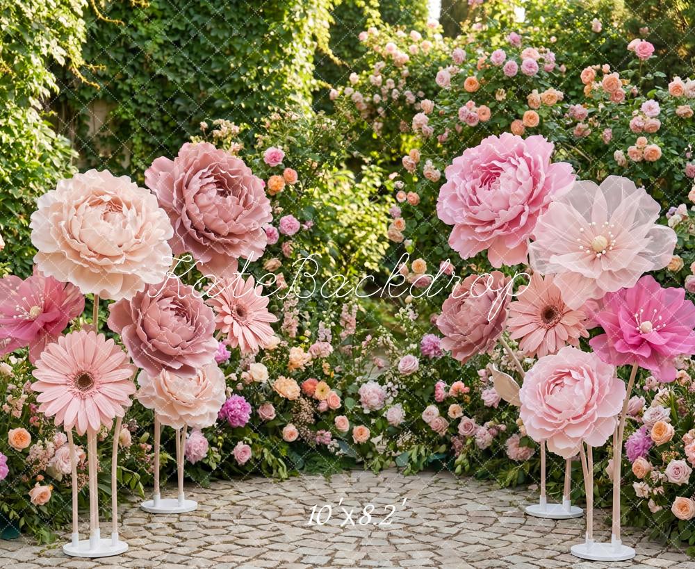 Kate Pink Giant Paper Flowers Garden Pathway Printed Backdrop Designed by Patty Roberts