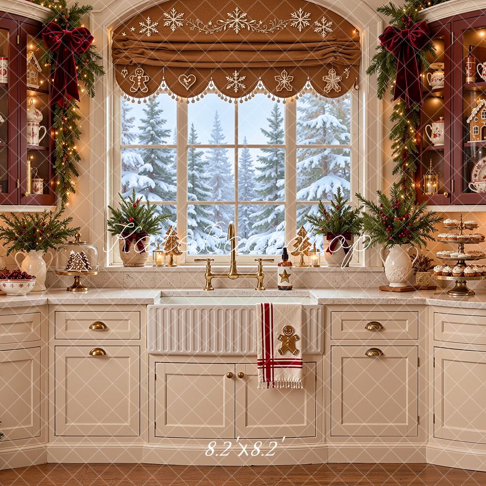 Kate Christmas Gingerbread Kitchen Window White Cabinet Printed Backdrop Designed by Shutter Swan Studios
