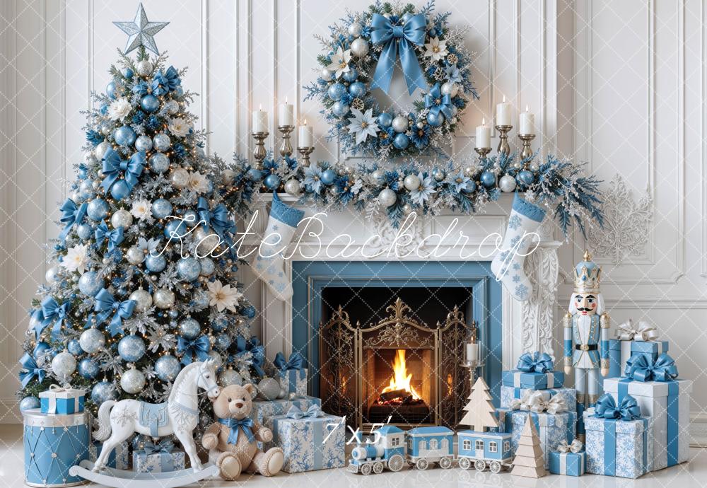 Kate Christmas Tree Blue Fireplace Wreath Gifts Winter Wonderland Printed Backdrop Designed by Mini MakeBelieve