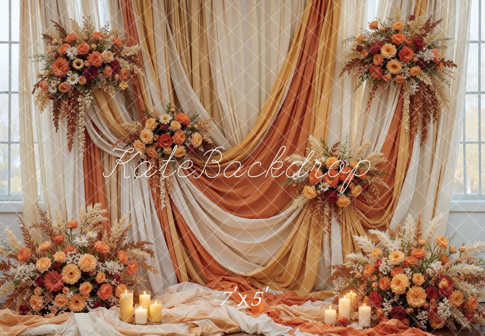 Kate Fall Flowers Drapes Candles Orange White Printed Backdrop Designed by Mini MakeBelieve