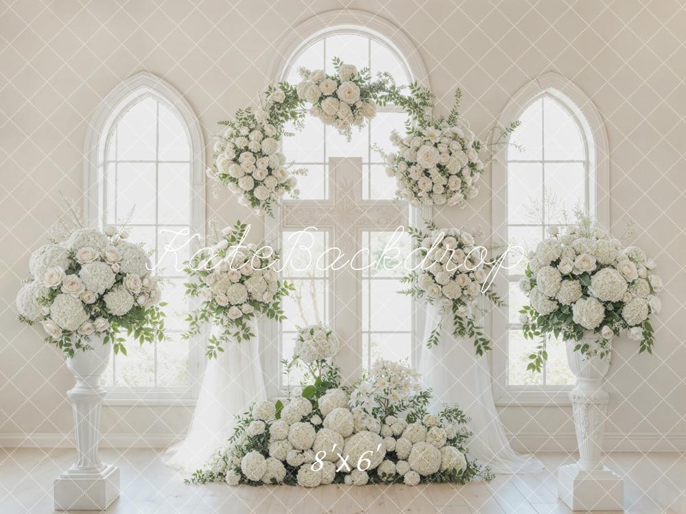 Kate Romantic Church White Flower Arch Cross Windows Printed Backdrop Designed by Emetselch