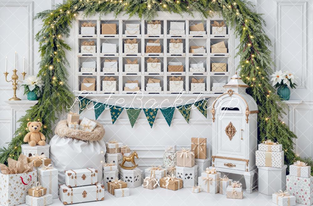 Kate Christmas White Interior Mailbox Evergreen Garland Gift Printed Backdrop Designed by Mini MakeBelieve